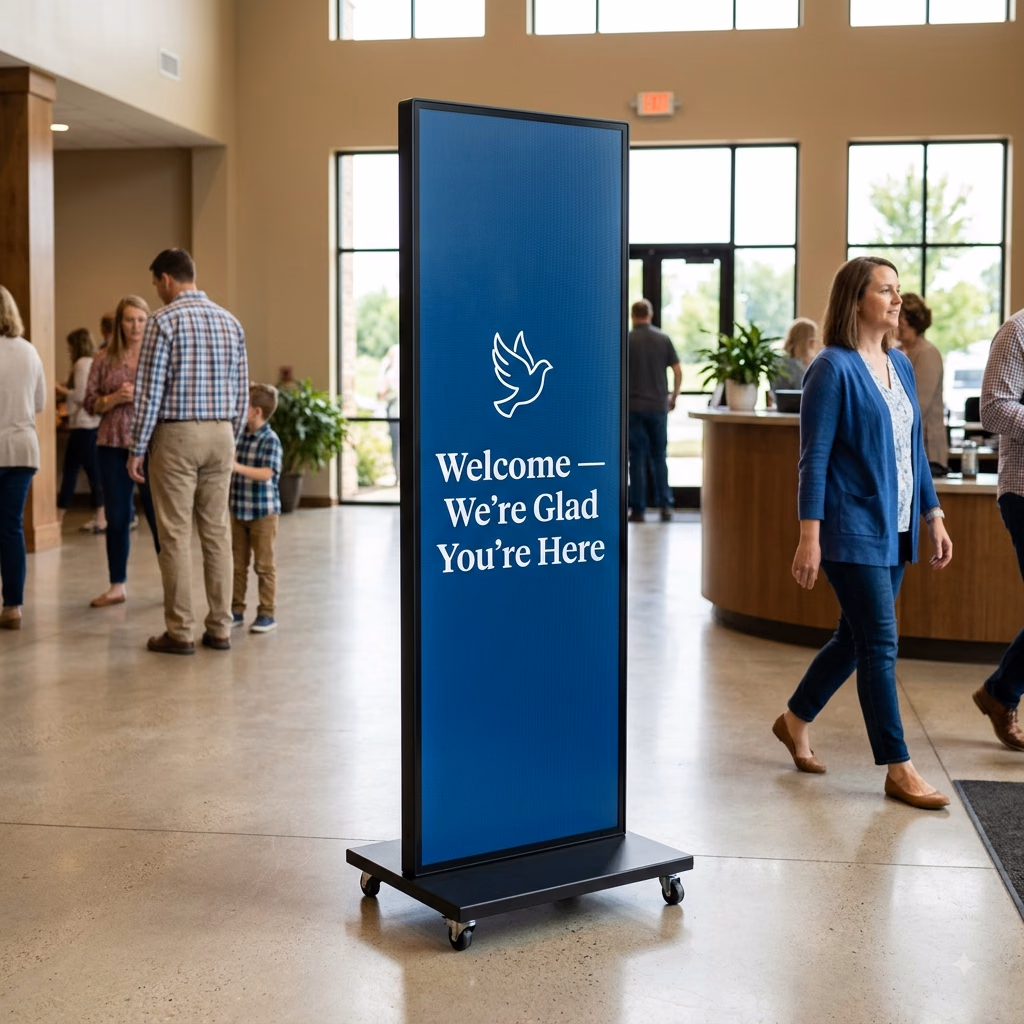 A church lobby: a portrait LED totem reading "Welcome β we're glad you're here" as the congregation arrives.