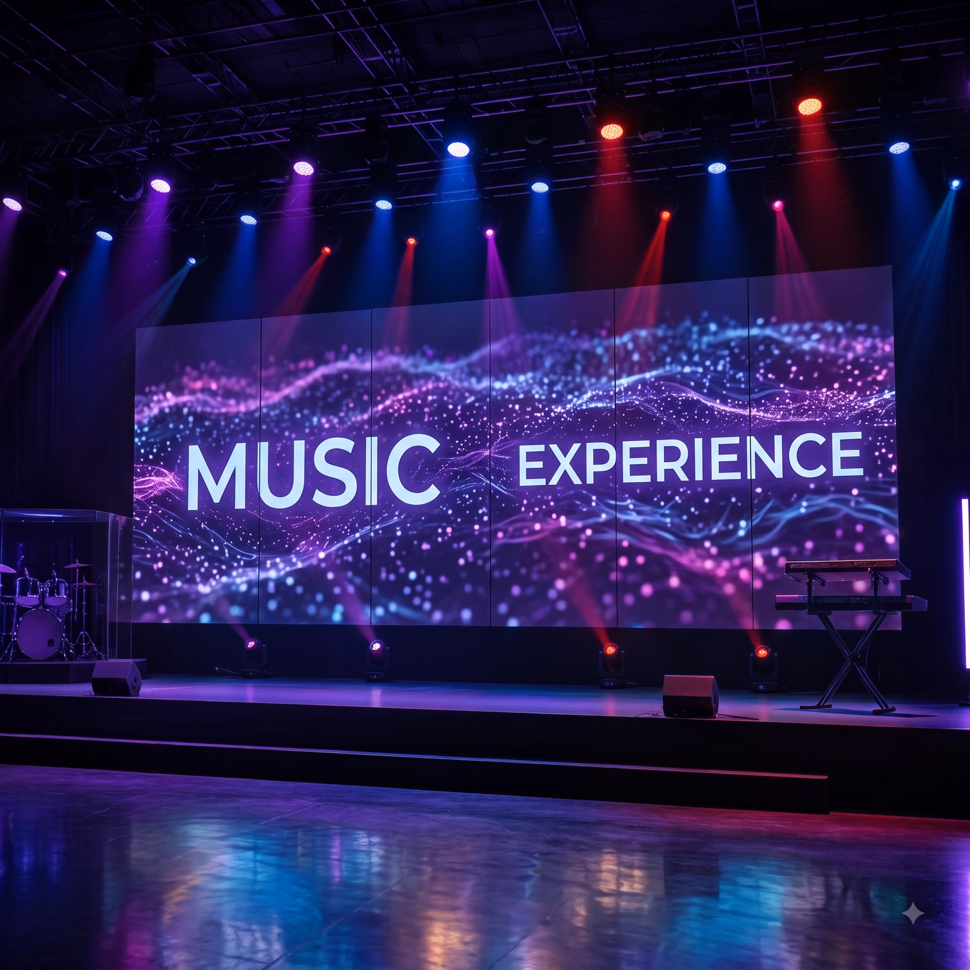 A concert stage backed by a wide LED wall reading "Music Experience" over purple particle artwork, lit by stage lighting.