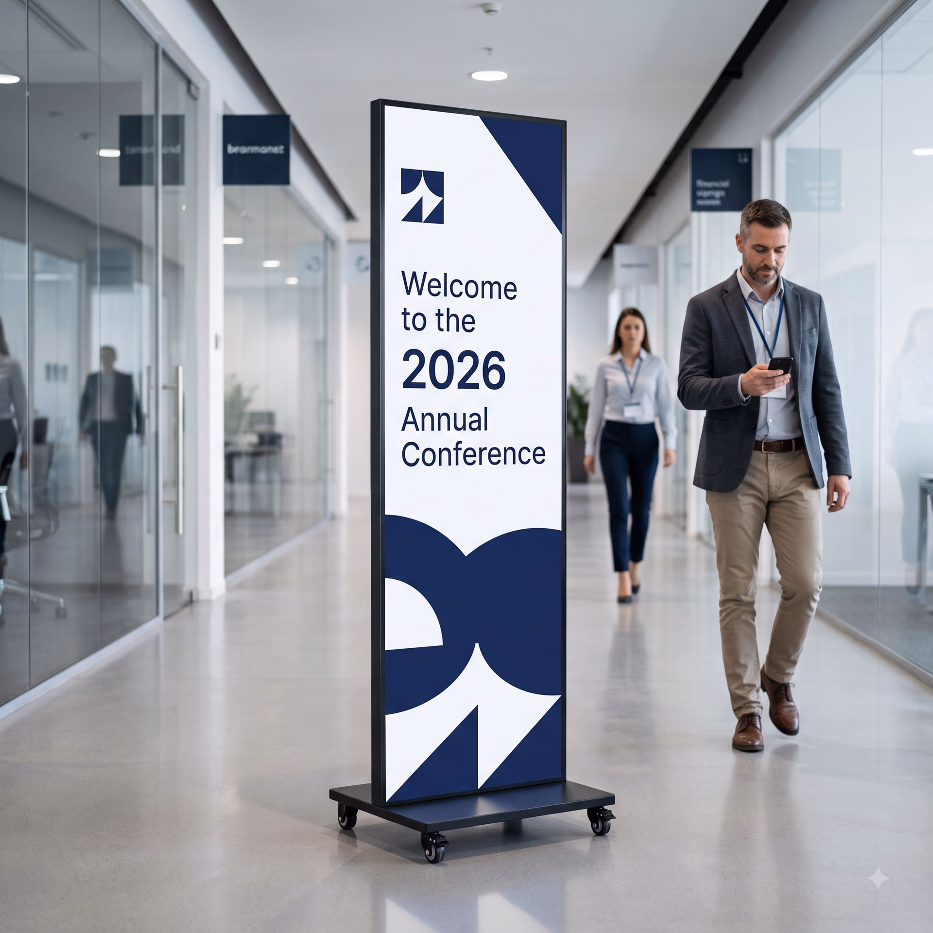 A portrait LED totem in an office corridor reading "Welcome to the 2026 Annual Conference" as a delegate walks past.