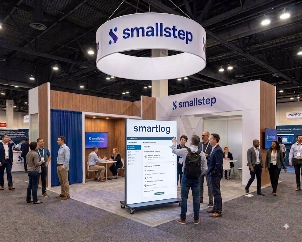 A trade show floor: a smallstep booth under a round hanging banner, with an LED panel showing a product dashboard to a group of visitors.