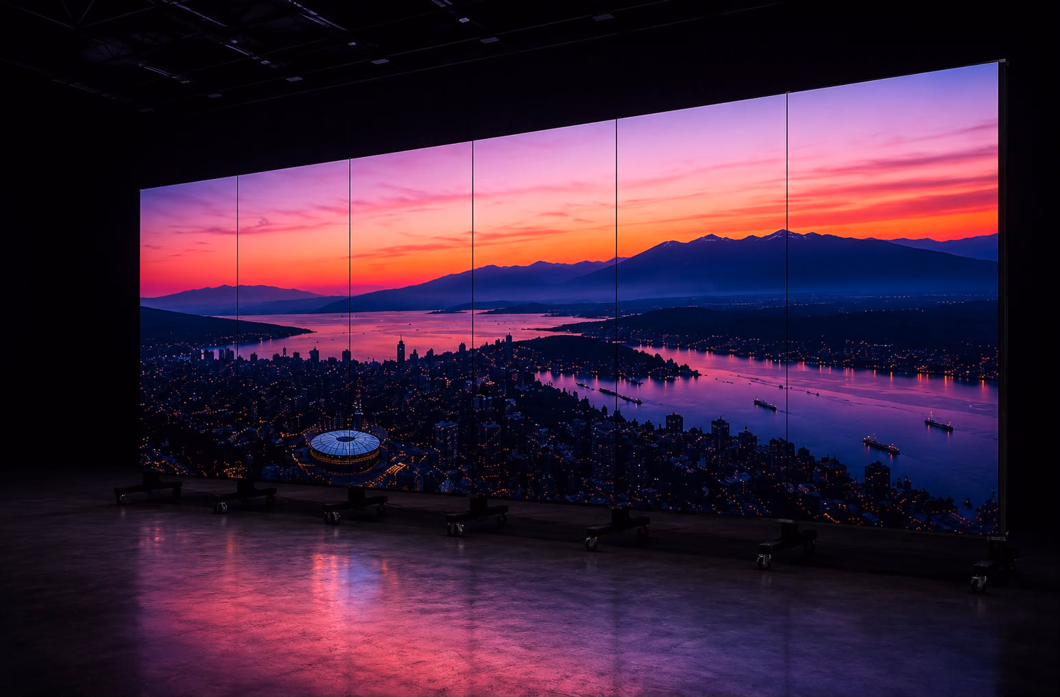 A six-panel LED wall in a dark hall showing the Vancouver skyline at sunset.