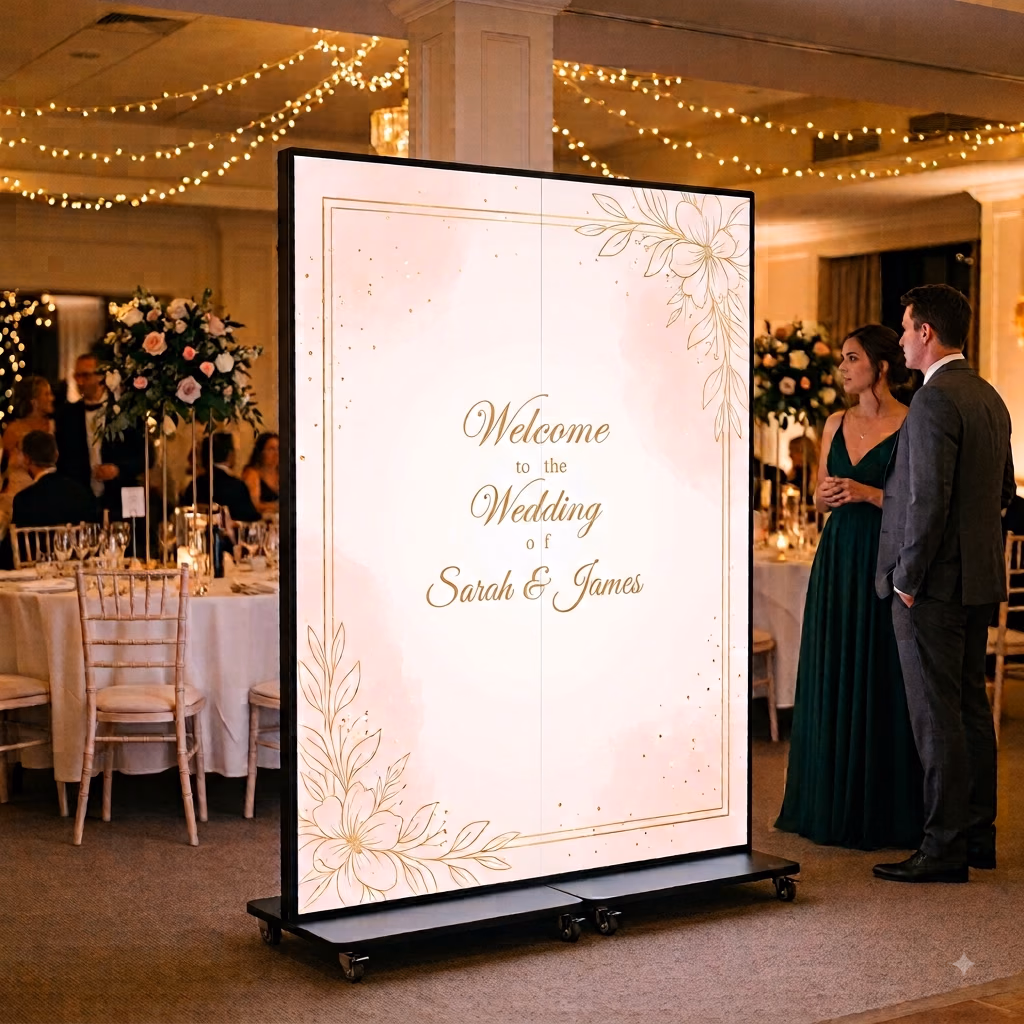 A wedding reception under string lights: a tall LED panel showing "Welcome to the Wedding of Sarah and James" beside floral tables.